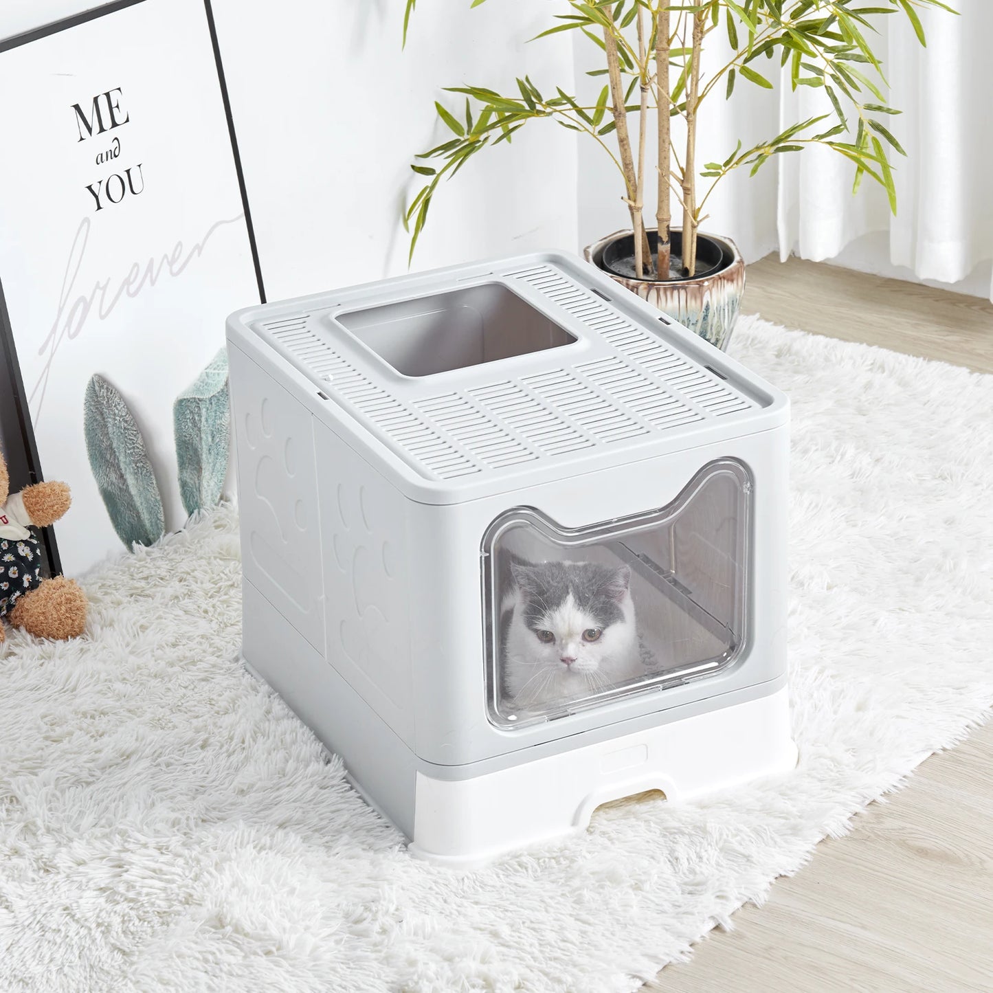 Bingopaw XXL Large Space Foldable Cat Litter Box with Front Entry & Top Exit with Tray