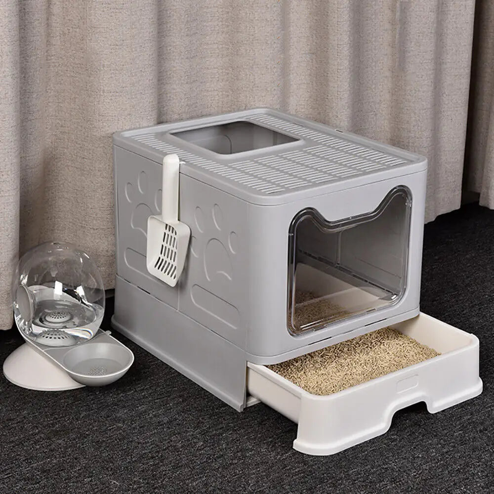 Bingopaw XXL Large Space Foldable Cat Litter Box with Front Entry & Top Exit with Tray